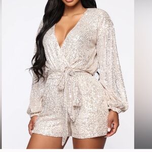 Fashion Nova Sequin Wrap Romper  in Silver